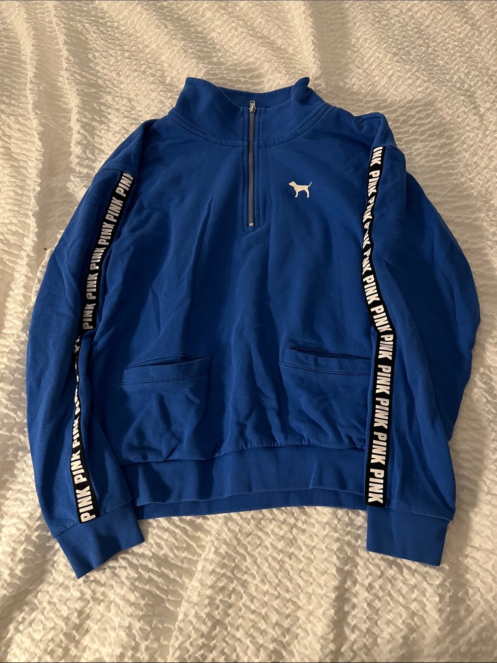 PINK Victoria's Secret Royal Blue Quarter-Zip Pullover with Logo Tape